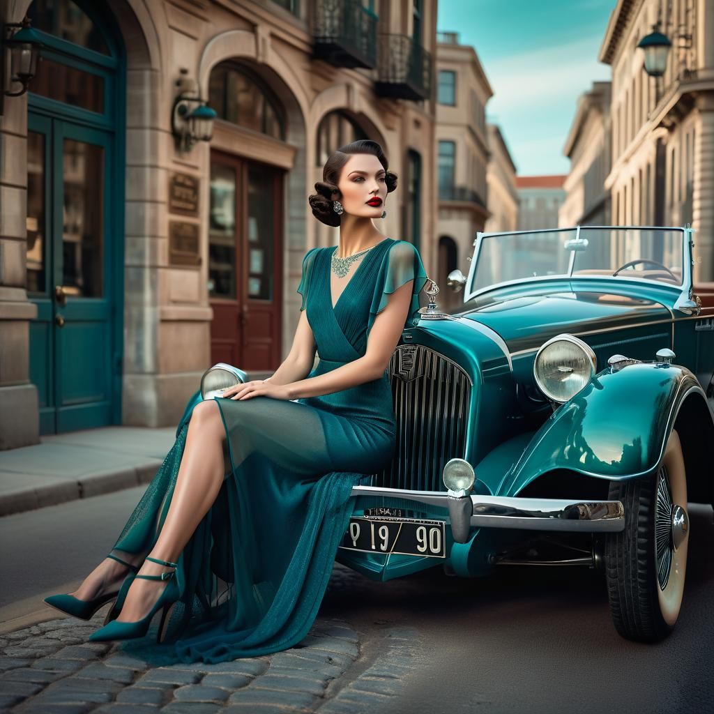 Brunette in Teal Dress on Vintage Car