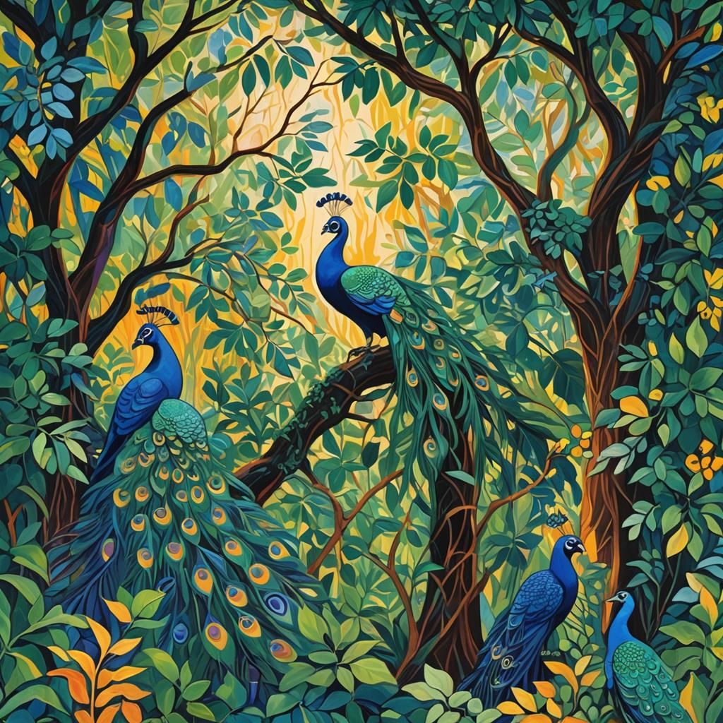 Jungle Temple Scene in Abstract Expressionist Style