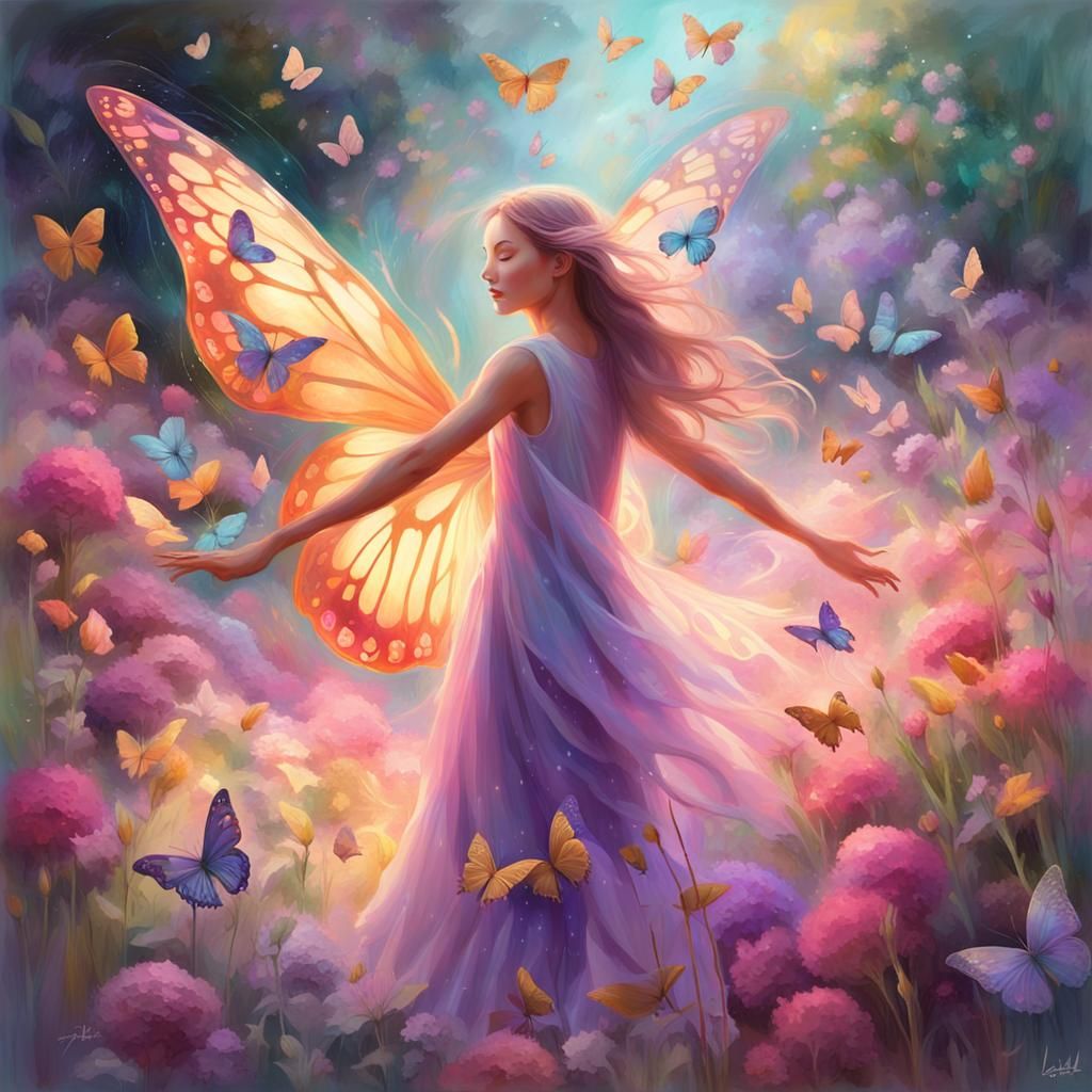 Ethereal Woman Surrounded by Light and Butterflies
