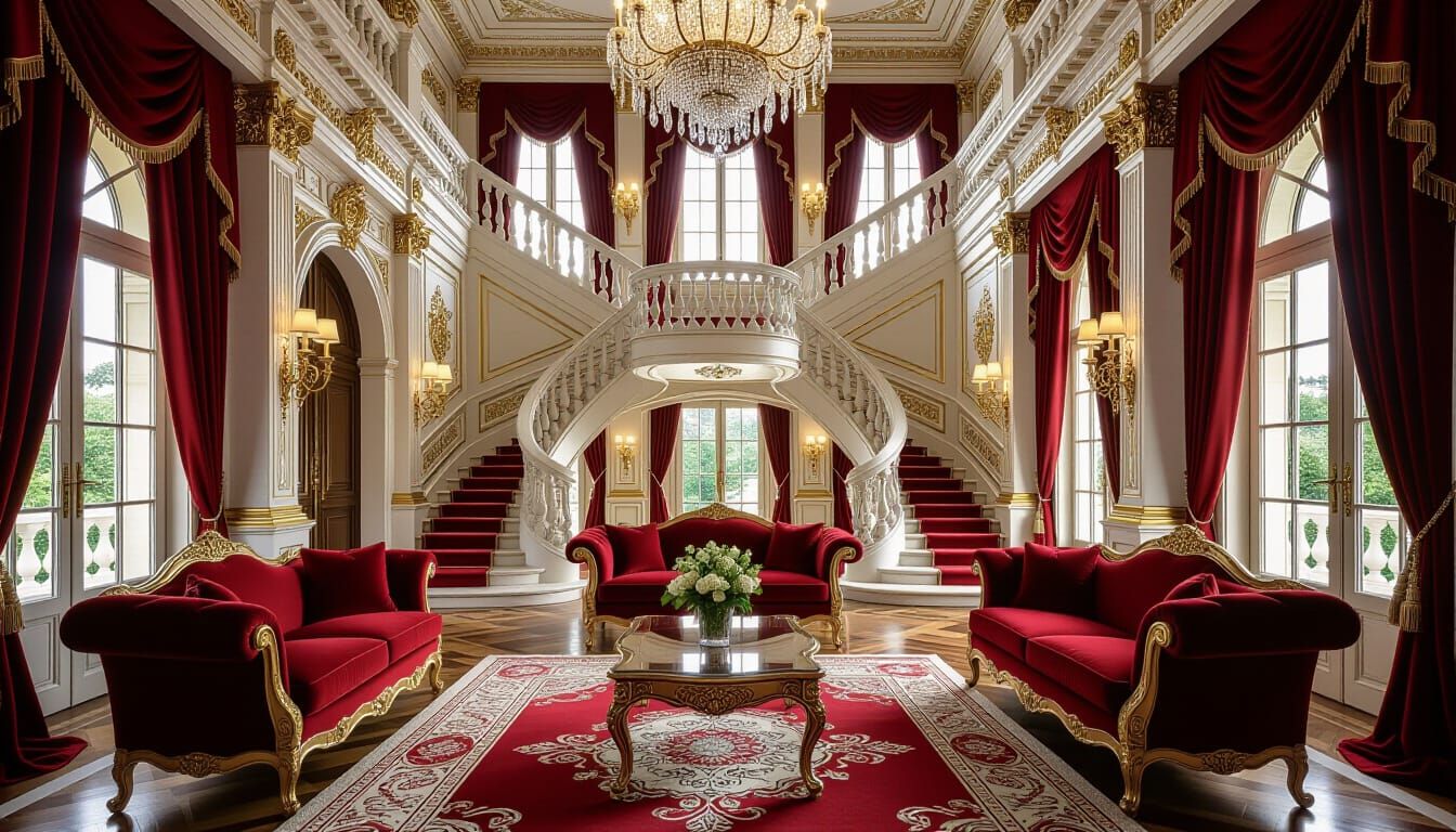 Baroque Mansion Living Room with Grand Staircase