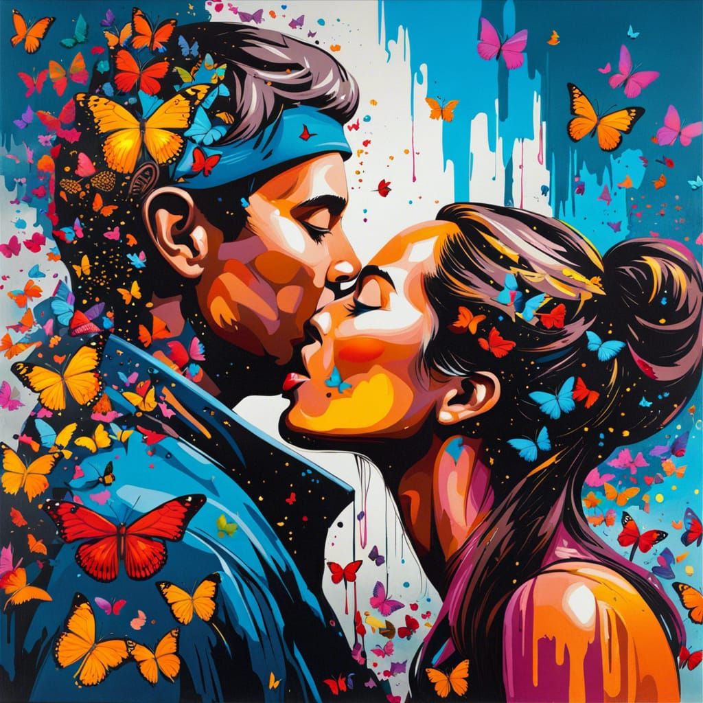 Romantic Kiss Shared in Butterfly Flight