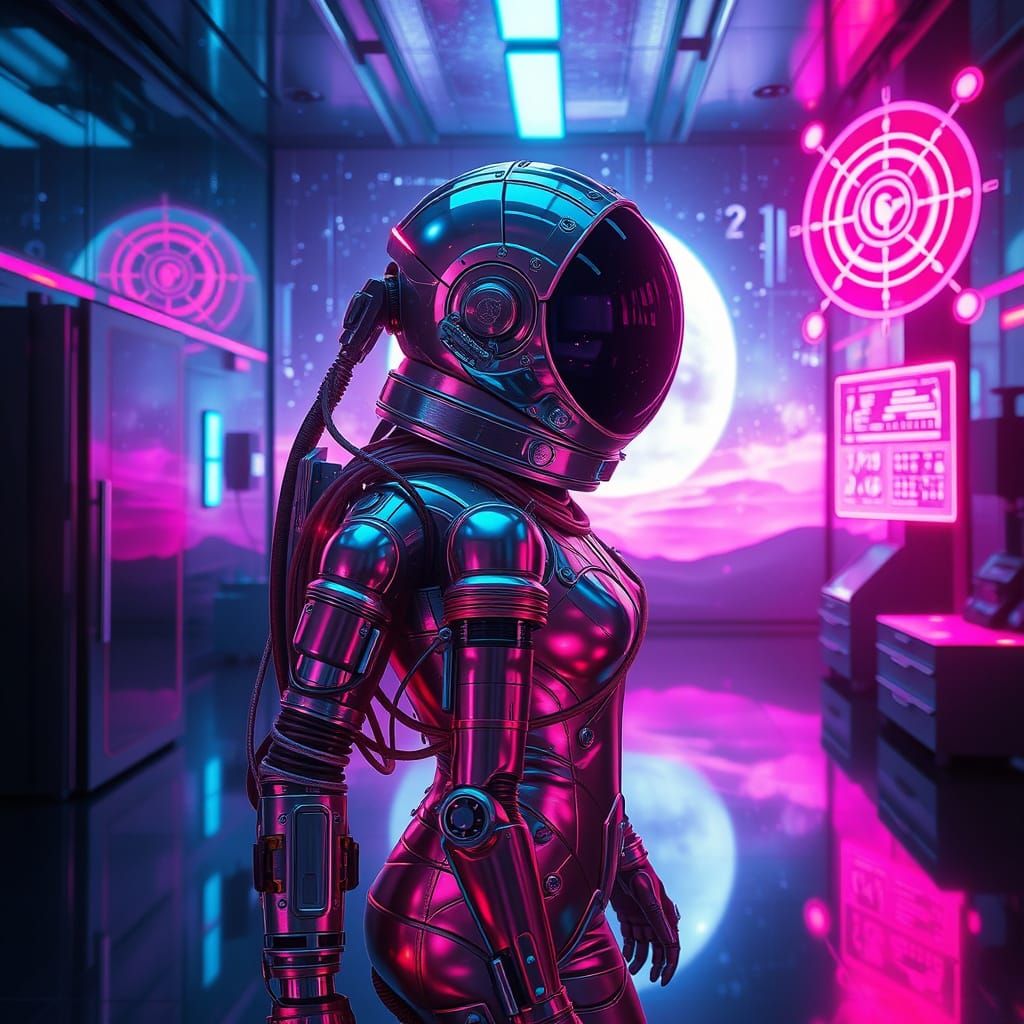 Cyberpunk Astronaut in Iridescent Neon Laboratory