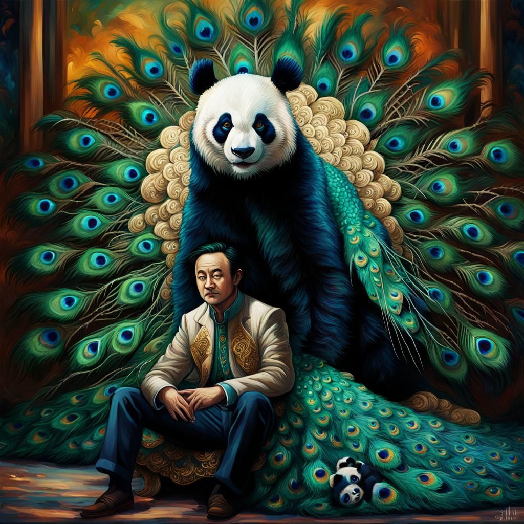 Peacock Rider Attacked by Panda: Fantasy Oil Painting