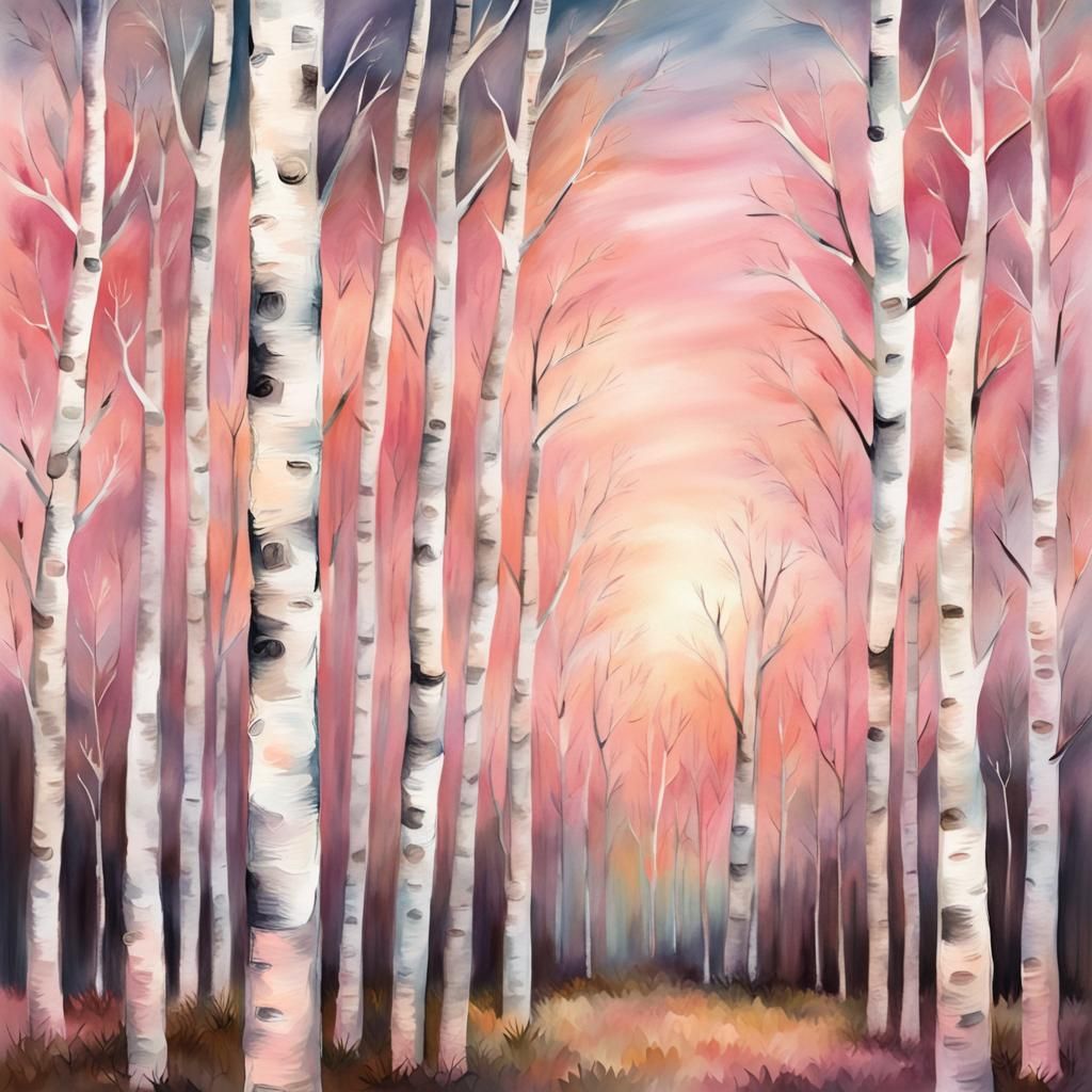Pastel Evening Birch Forest in Watercolor Style