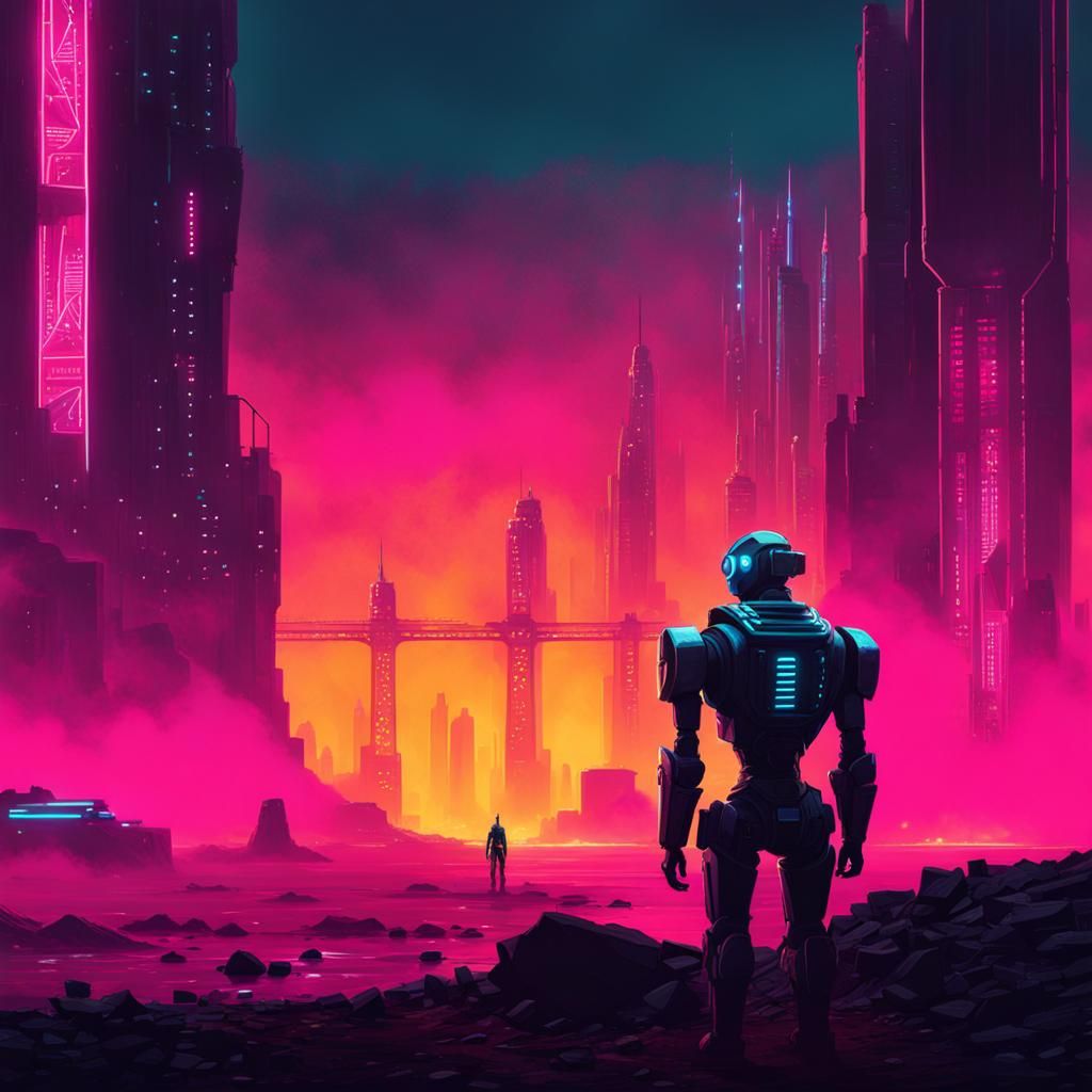 Lonely Robot in Apocalyptic Dieselpunk Cyberpunk Scene