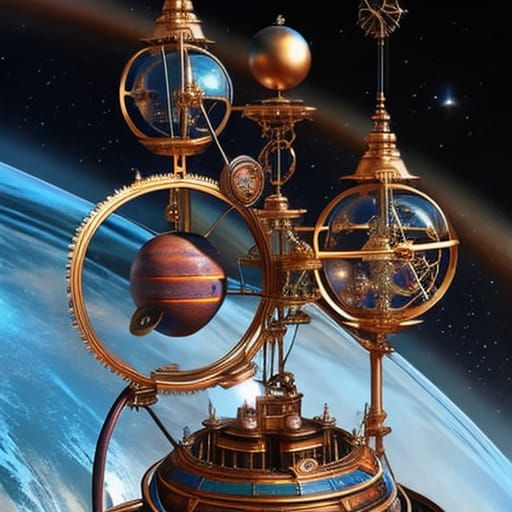 Iridescent Steampunk Orrery in Cosmic Photoillustration