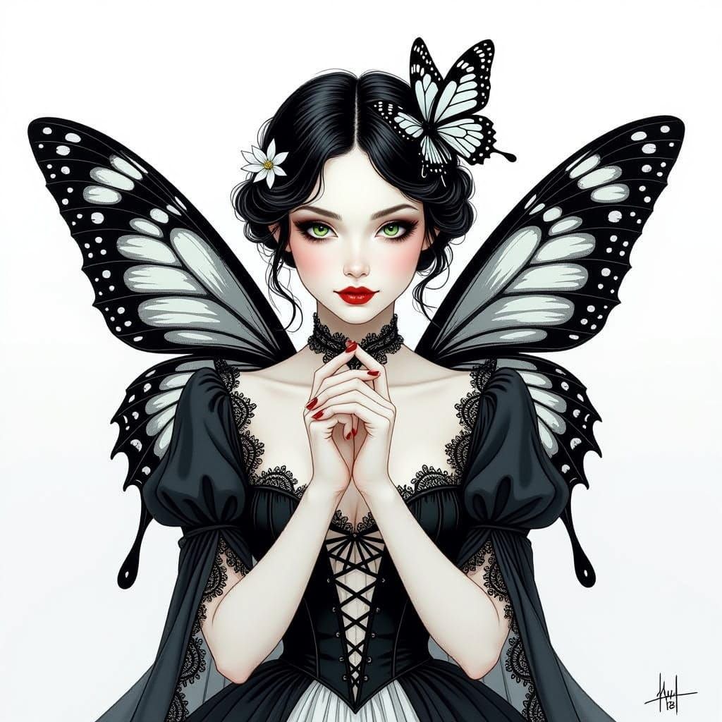 Mystical Fairy in Black and White Attire with Butterfly Wing...
