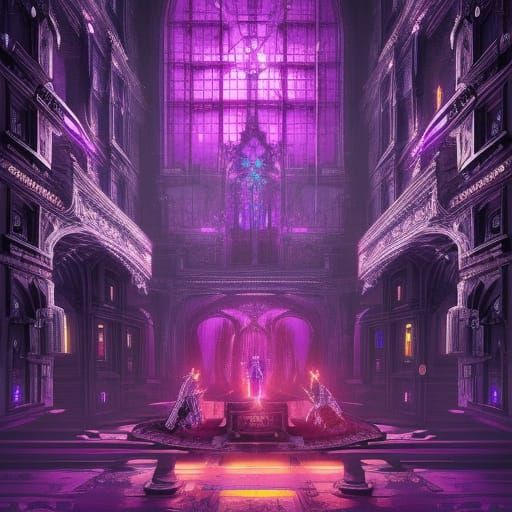 Cyberpunk Castle Living Room with Sapphire Apparitions