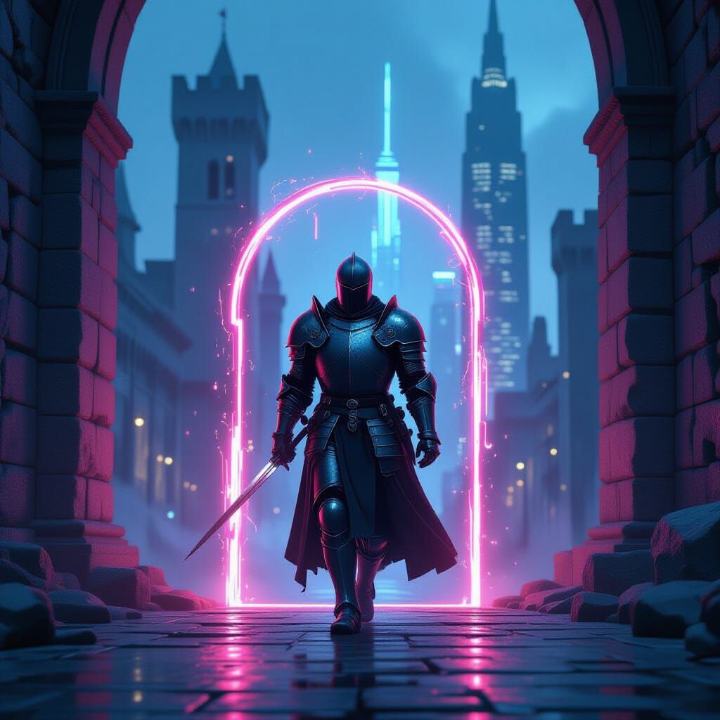 Knight's Portal: Medieval to Cyberpunk Cityscape