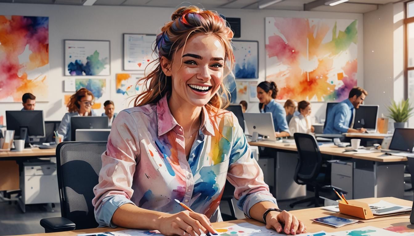 Joyful Girl in Office, Pixel Art Illustration