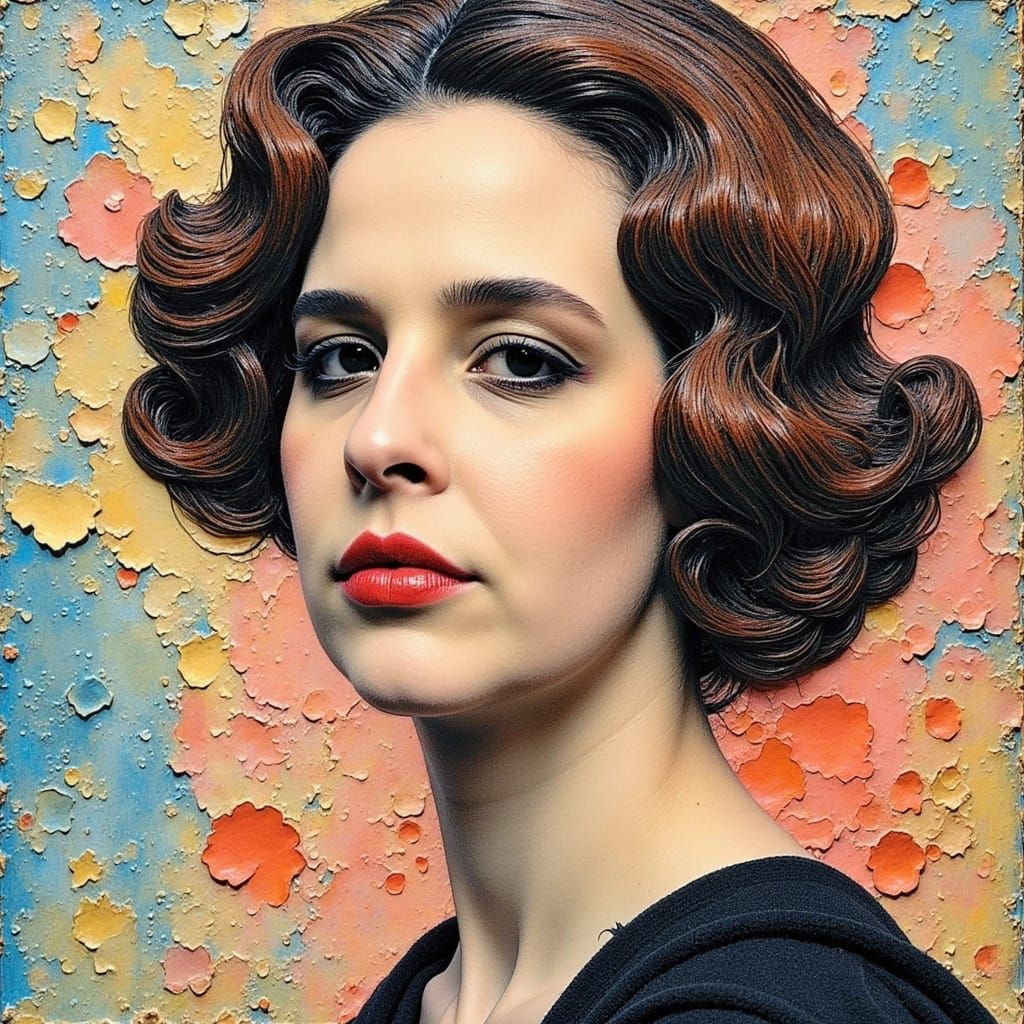 Woman in Vibrant, Textured Encaustic Artwork with Collagraph...