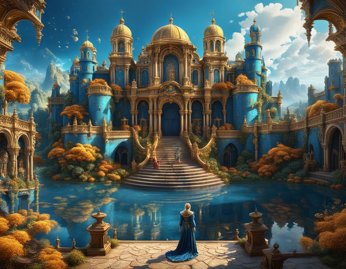 Renaissance-Inspired Dreamlike Paradise in Blue and Gold