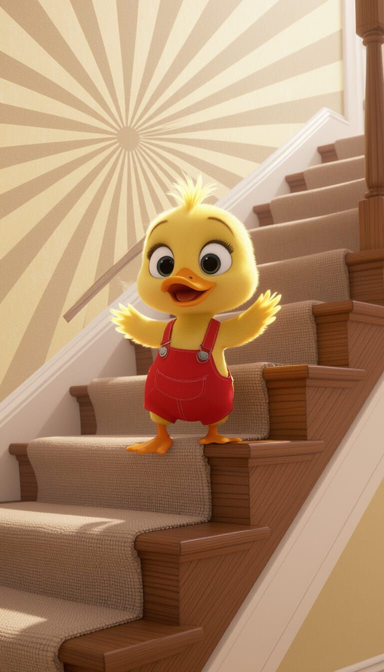 Dodo the Duckling Ascends Cozy Home Stairs