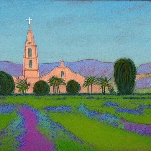 California Mission Basilica in Pastel Landscape