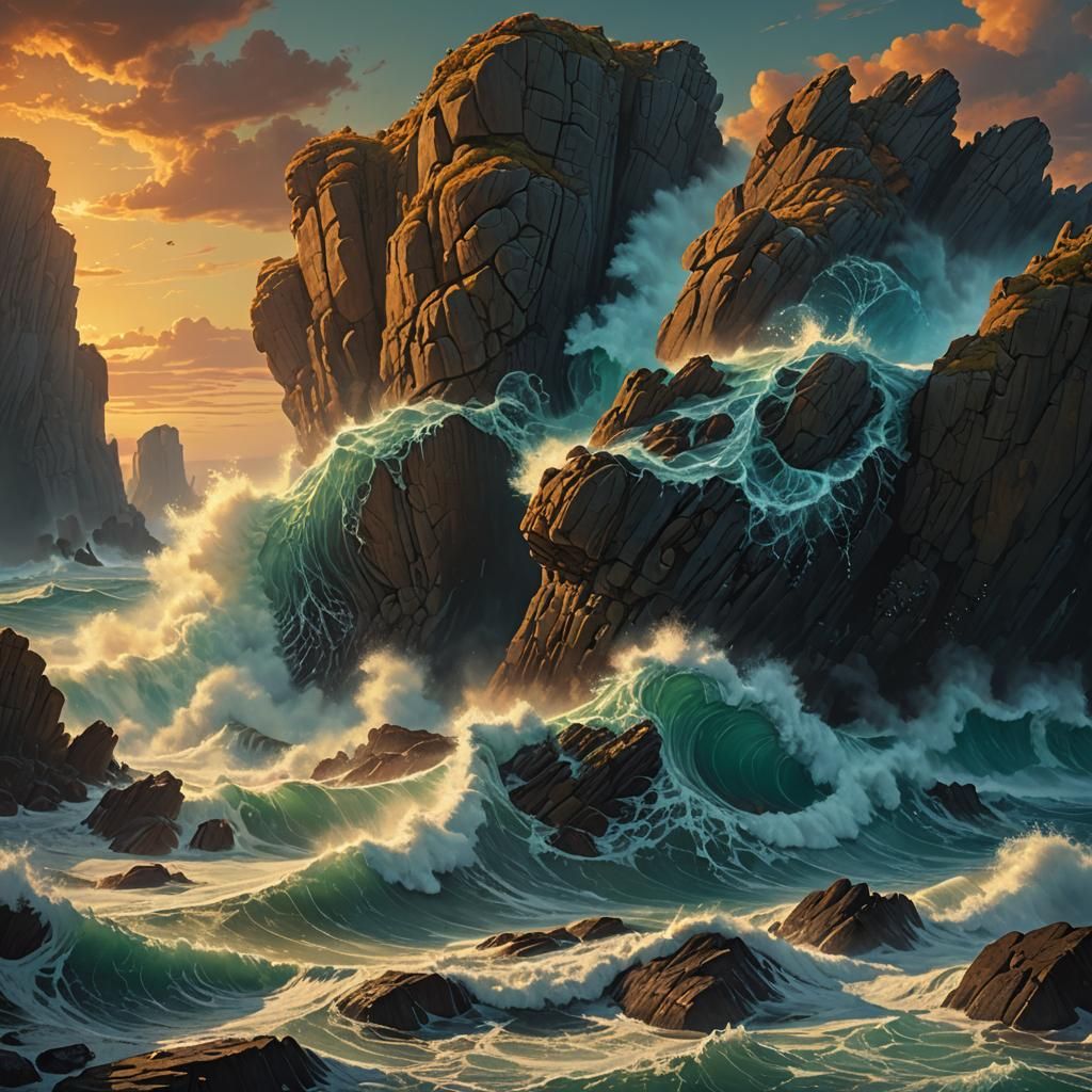 Colossal Rock Formation in Bioluminescent Ocean