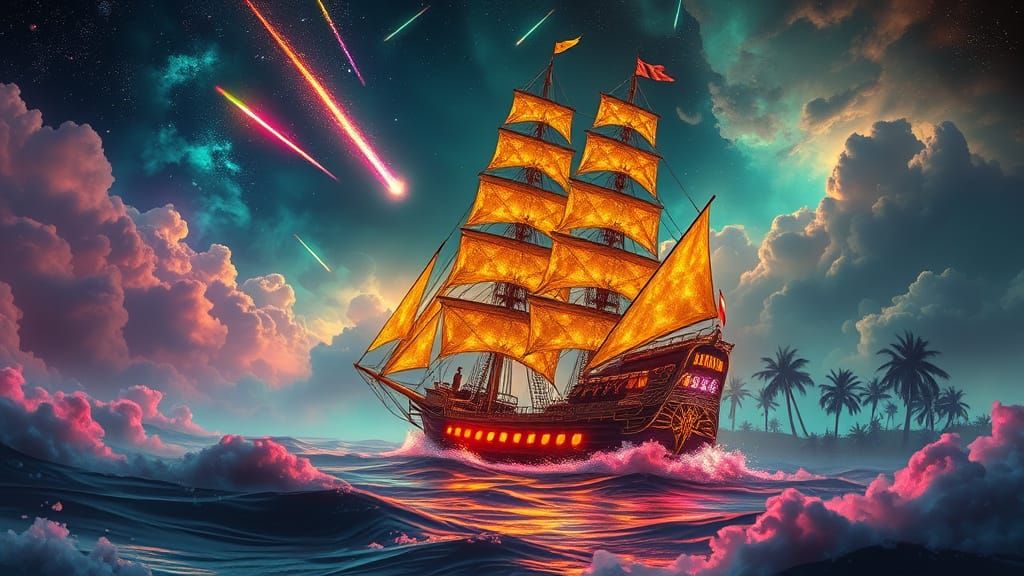Golden Frigate Sails Through Neon Cosmos