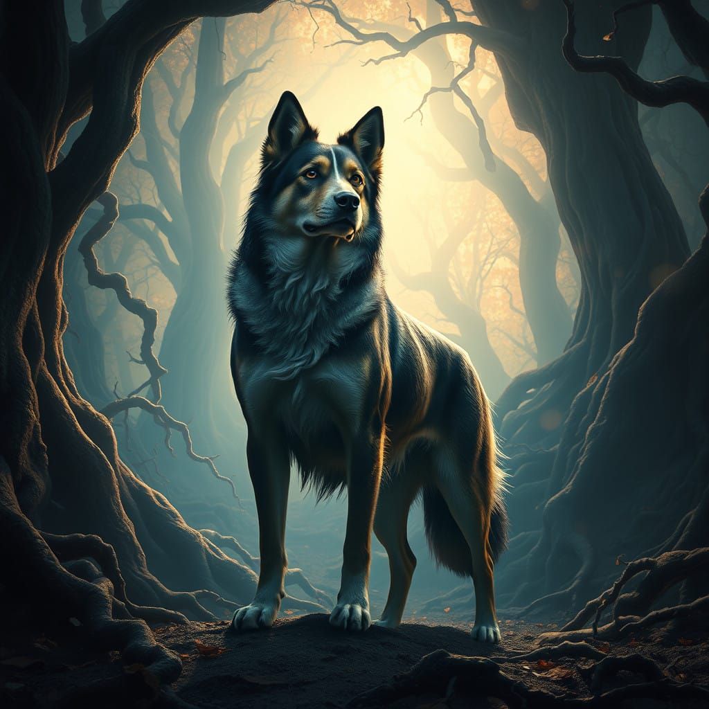 Majestic Dog in Ancient Forest Glade
