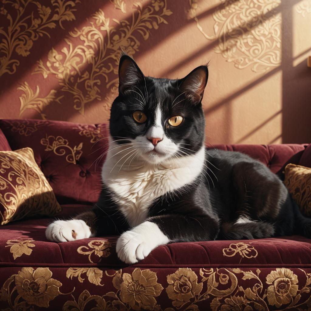 A beautiful black and white cat laying on a maroon colored c...