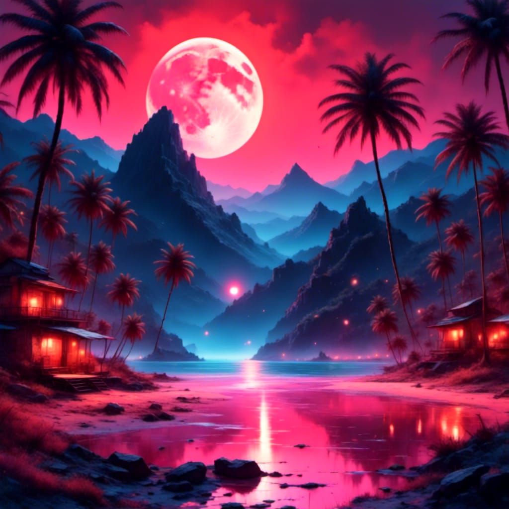 Blood Moon Beach Landscape in Detailed Matte Painting Style