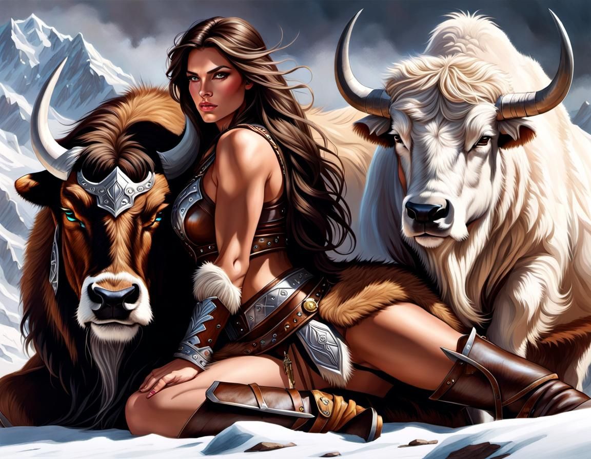 Barbarian Huntress and Yak in Snowy Mountain Sketch