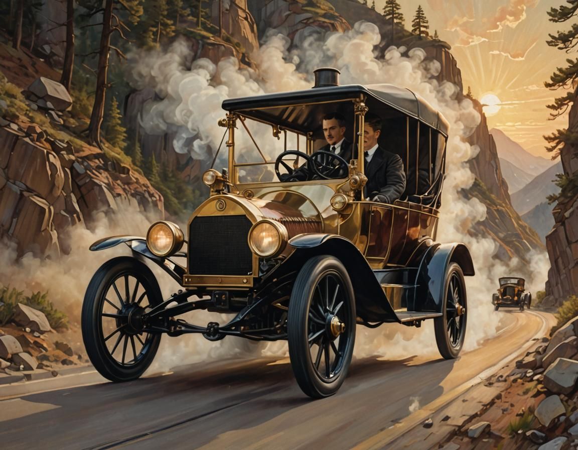 Tesla Drives Steamer Car: Retro-Futuristic Oil Painting