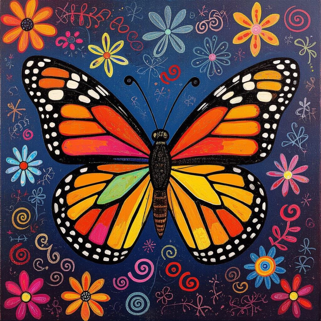 Vibrant Butterfly Amidst Playful Doodles and Patterns