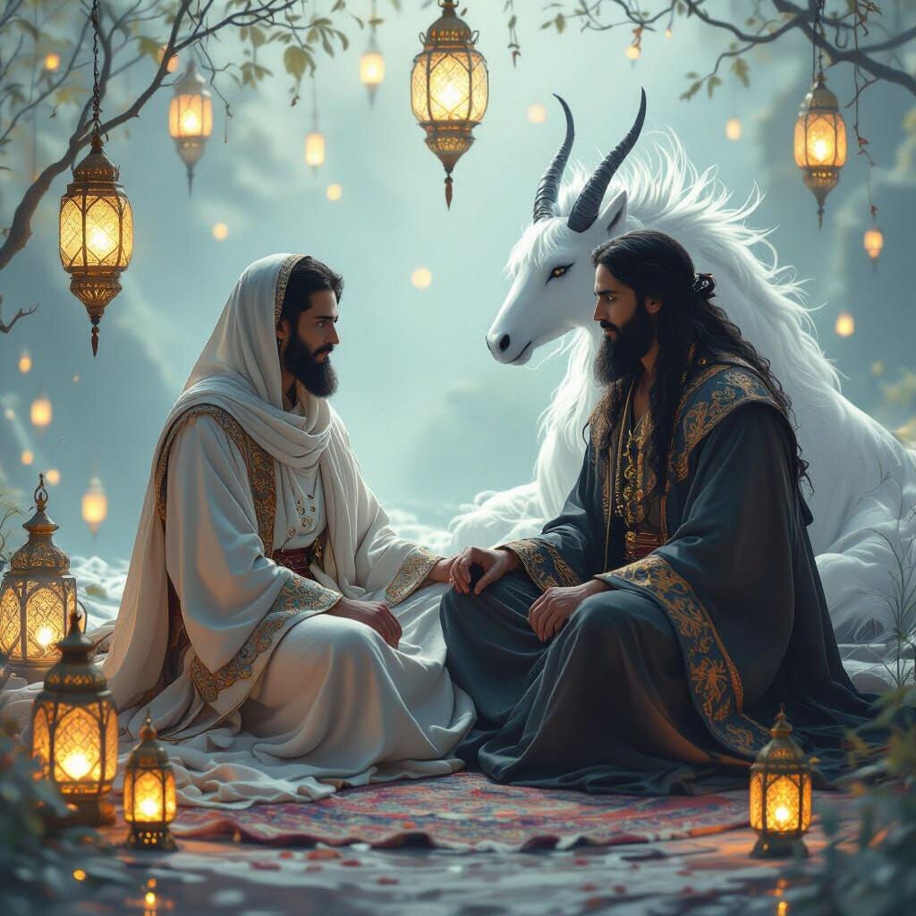 Rumi and a Jin in a Dreamlike Setting