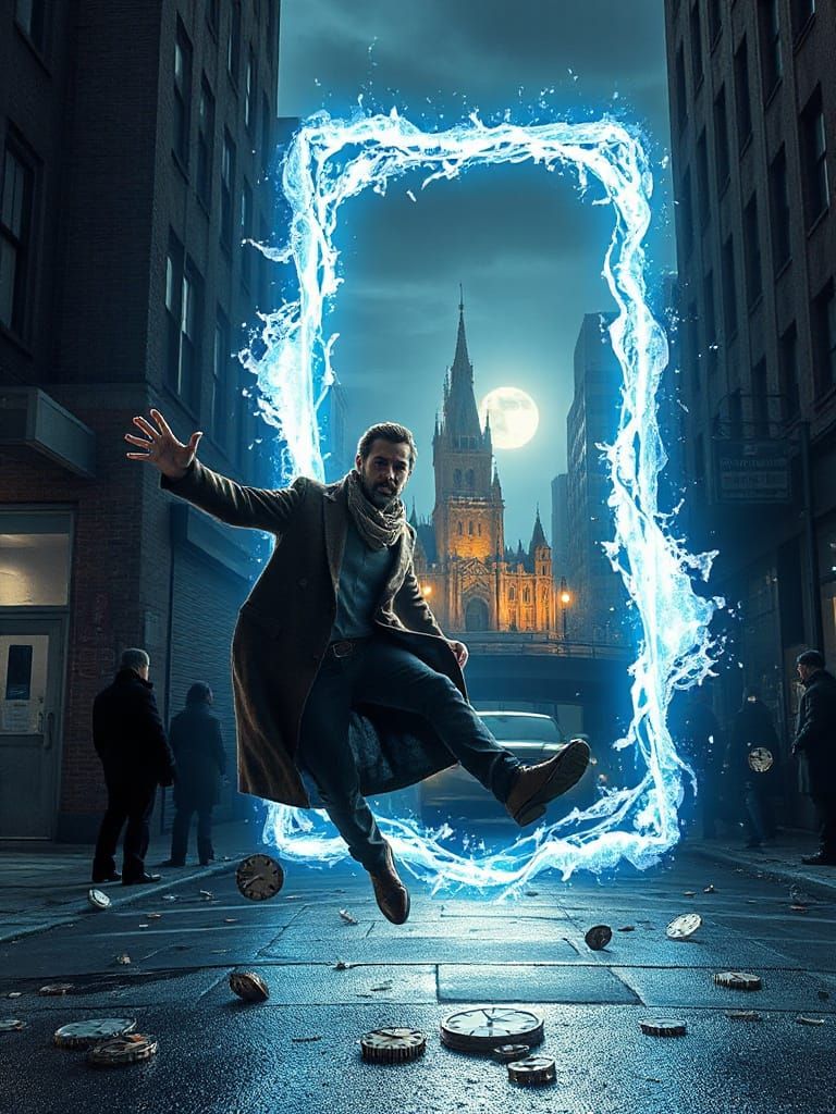 Time Traveler Leaps Through a Glowing Time Rift