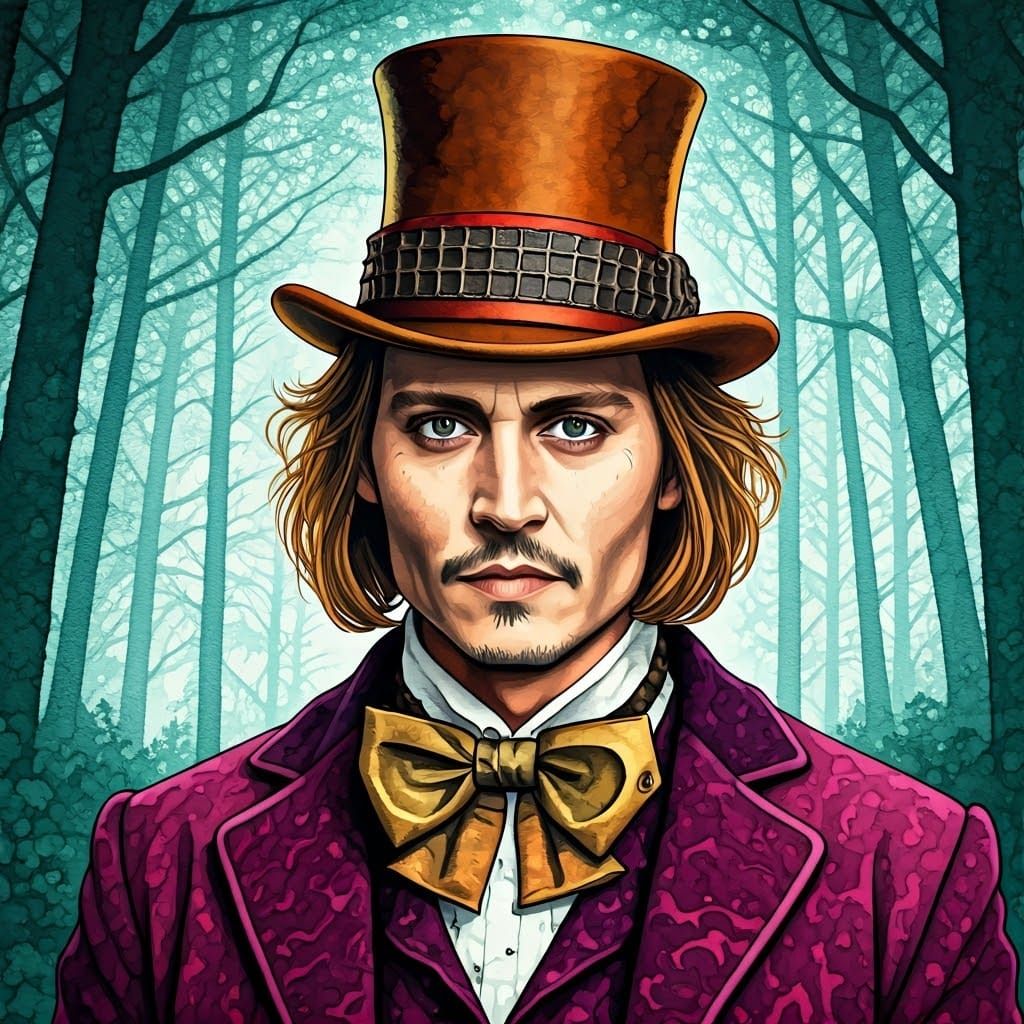 Surreal Willy Wonka Portrait in Vibrant Forest Geometrics