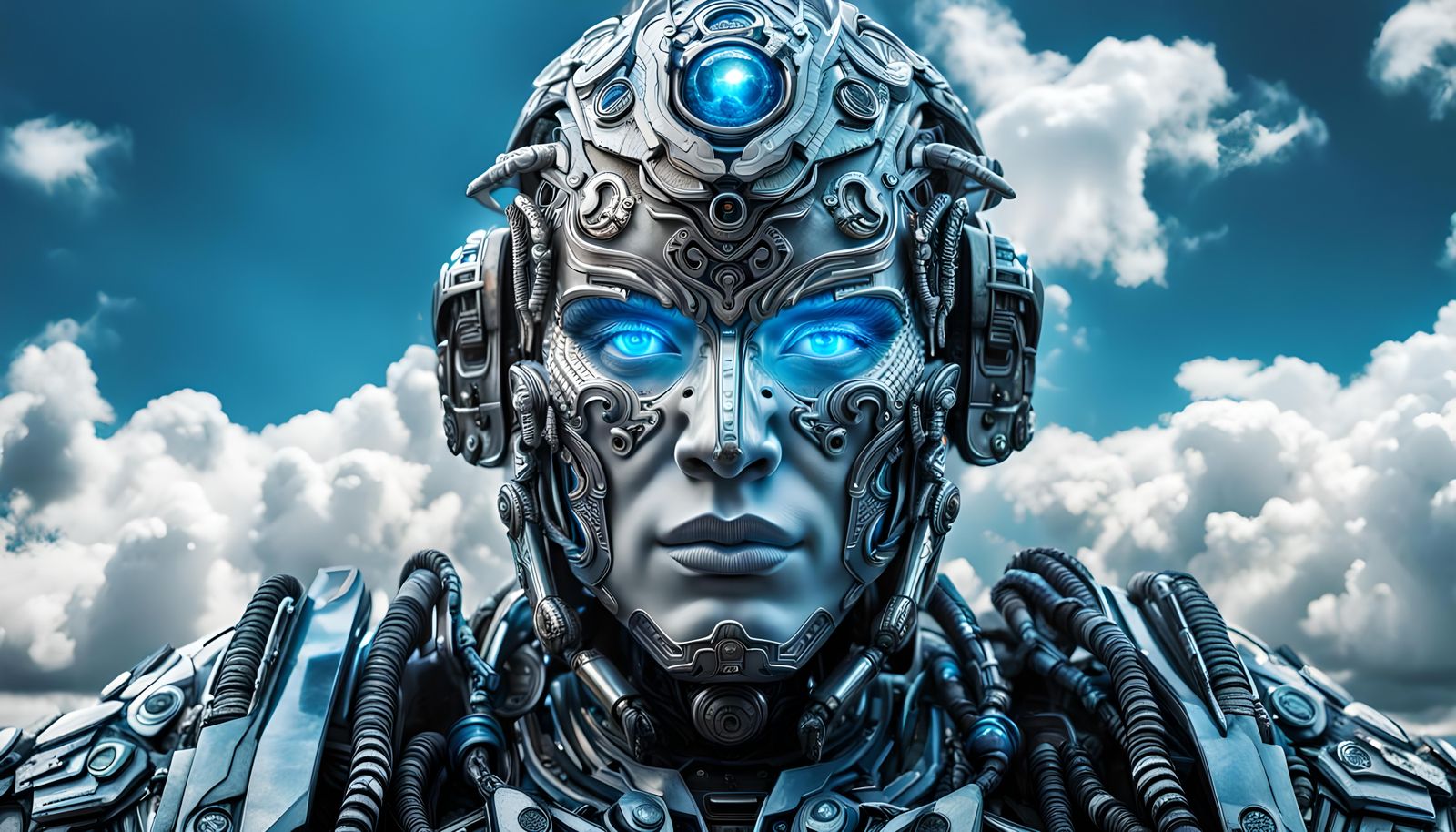 Metallic Cyborg Warrior Head with Blue Eyes