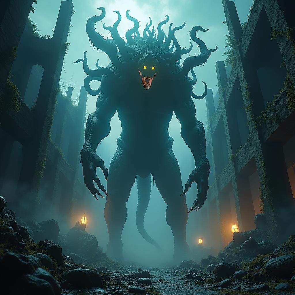 Menacing Horror Monster Emerges from Dark Ruins