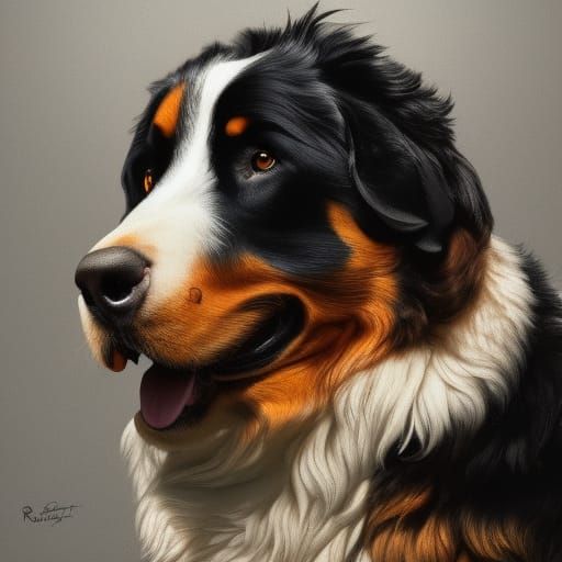 Hyperdetailed Bernese Mountain Dog Portrait in Digital Art S...