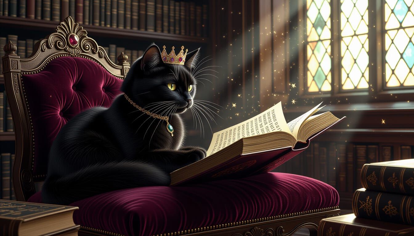 Majestic Black Cat with Crown in Ancient Library