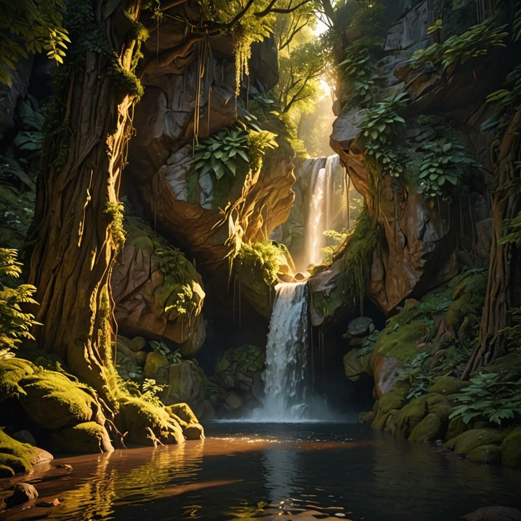 Secluded Waterfall Grotto in Golden Hour