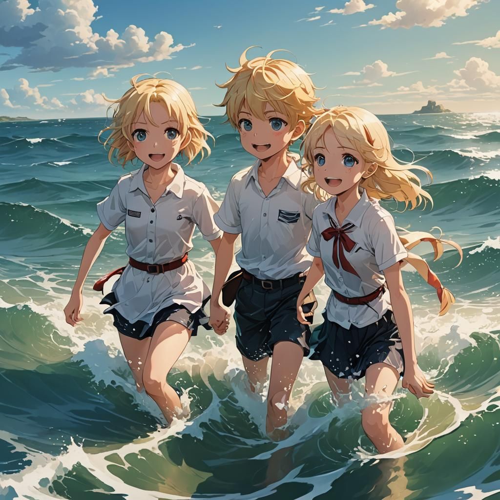 Children Swimming in the Sea: Cel-Shaded Anime Style