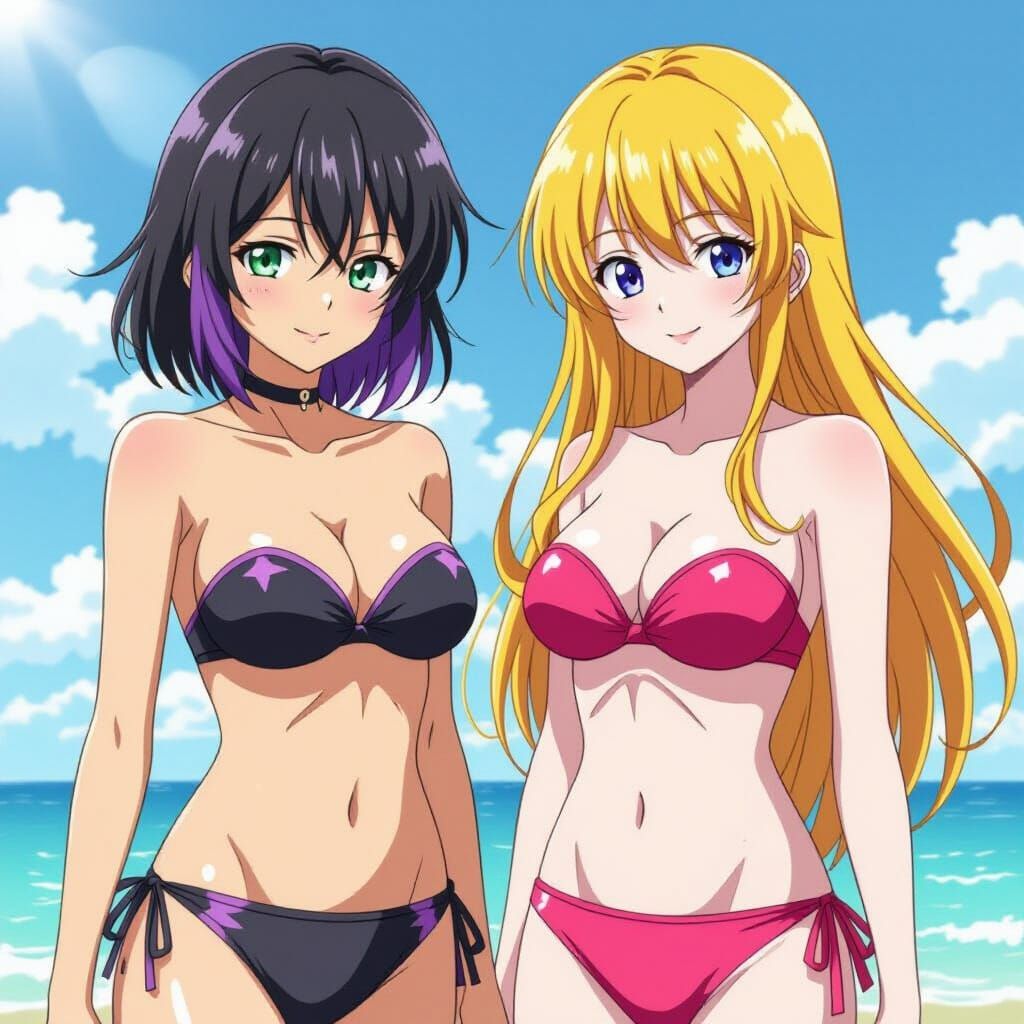 Anime Women in Sparkling Swimsuits, Shinkai Inspired Art