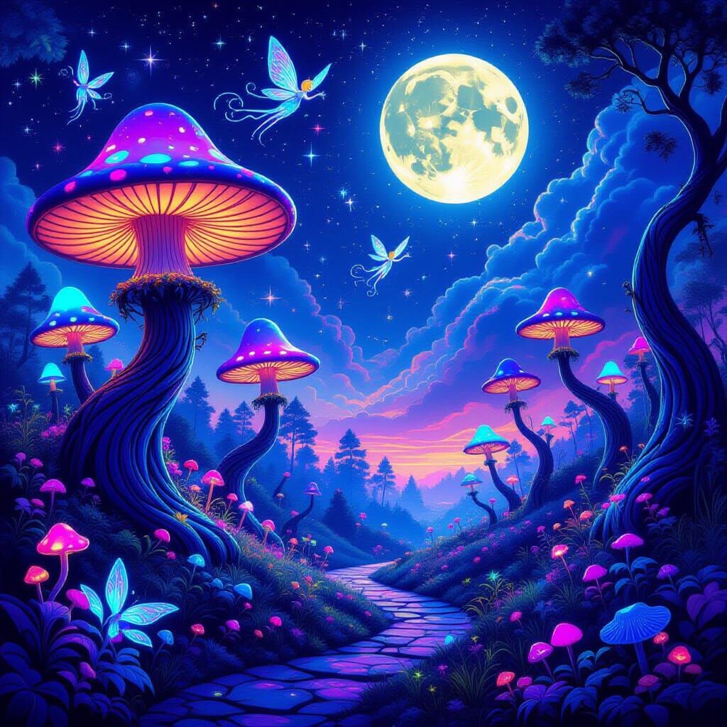 Whimsical Fairyland Under Double Moon, Digital Painting