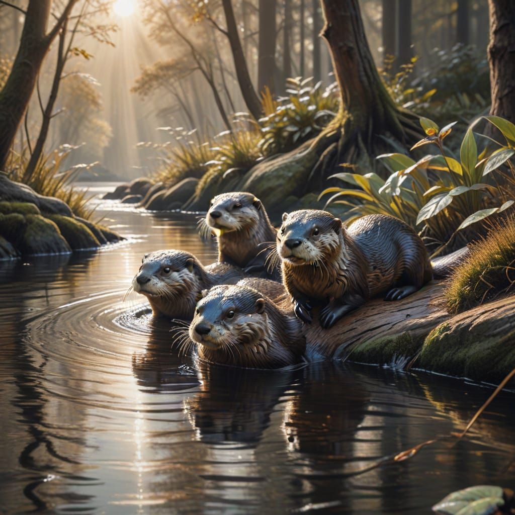 European Otters in Forest Landscape, Sunlight Reflection