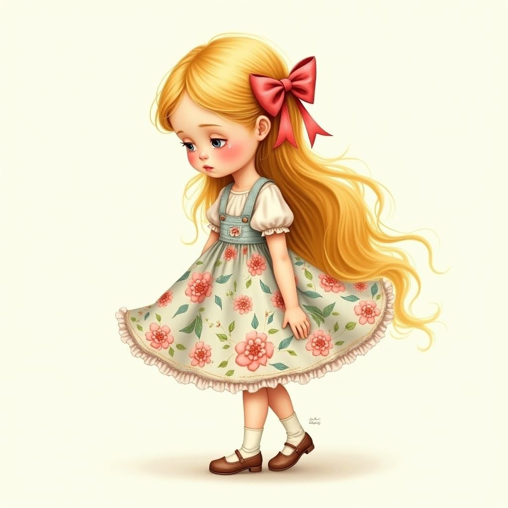 Sad Girl in Floral Dress: Whimsical Illustration