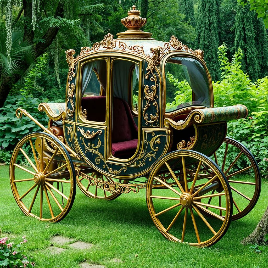 Ornate Golden Carriage Amidst Lush Greenery