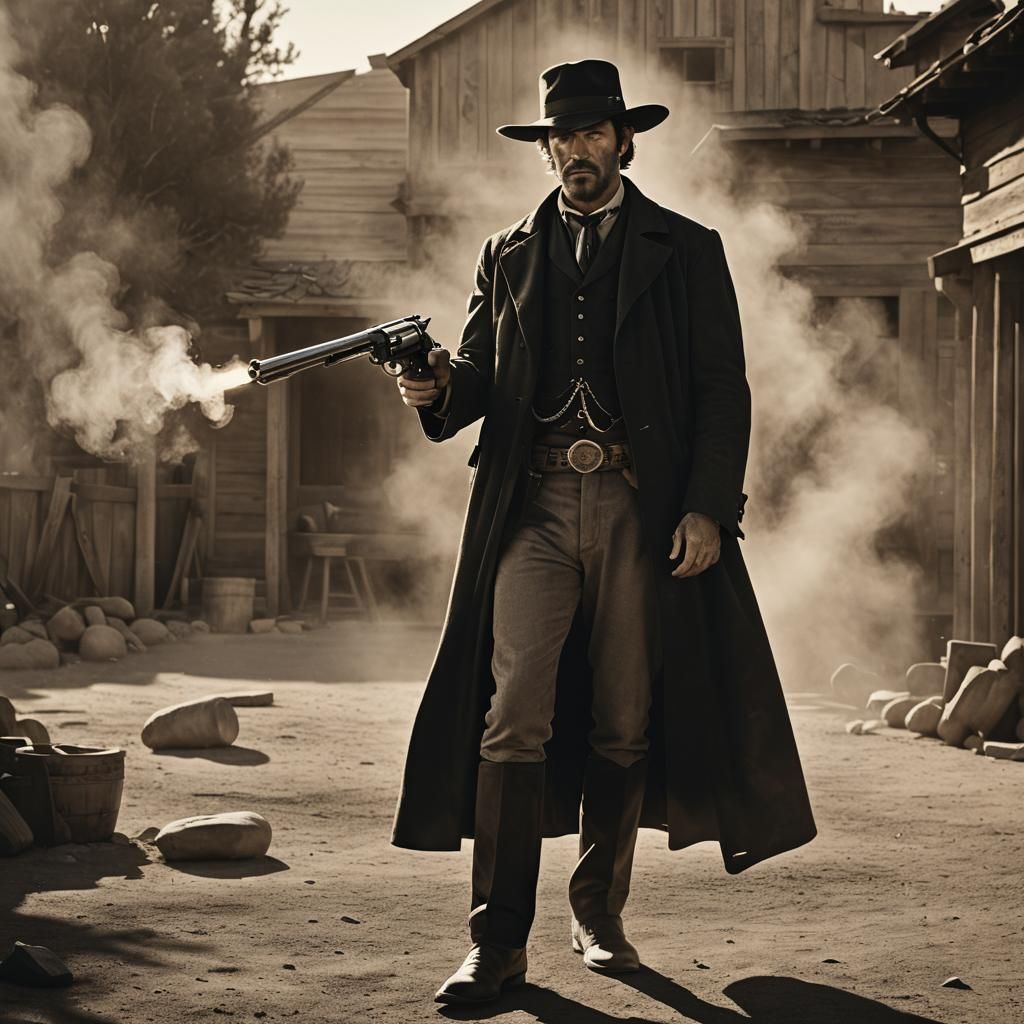 Dramatic Gunfighter in Golden Hour: Western Film Still