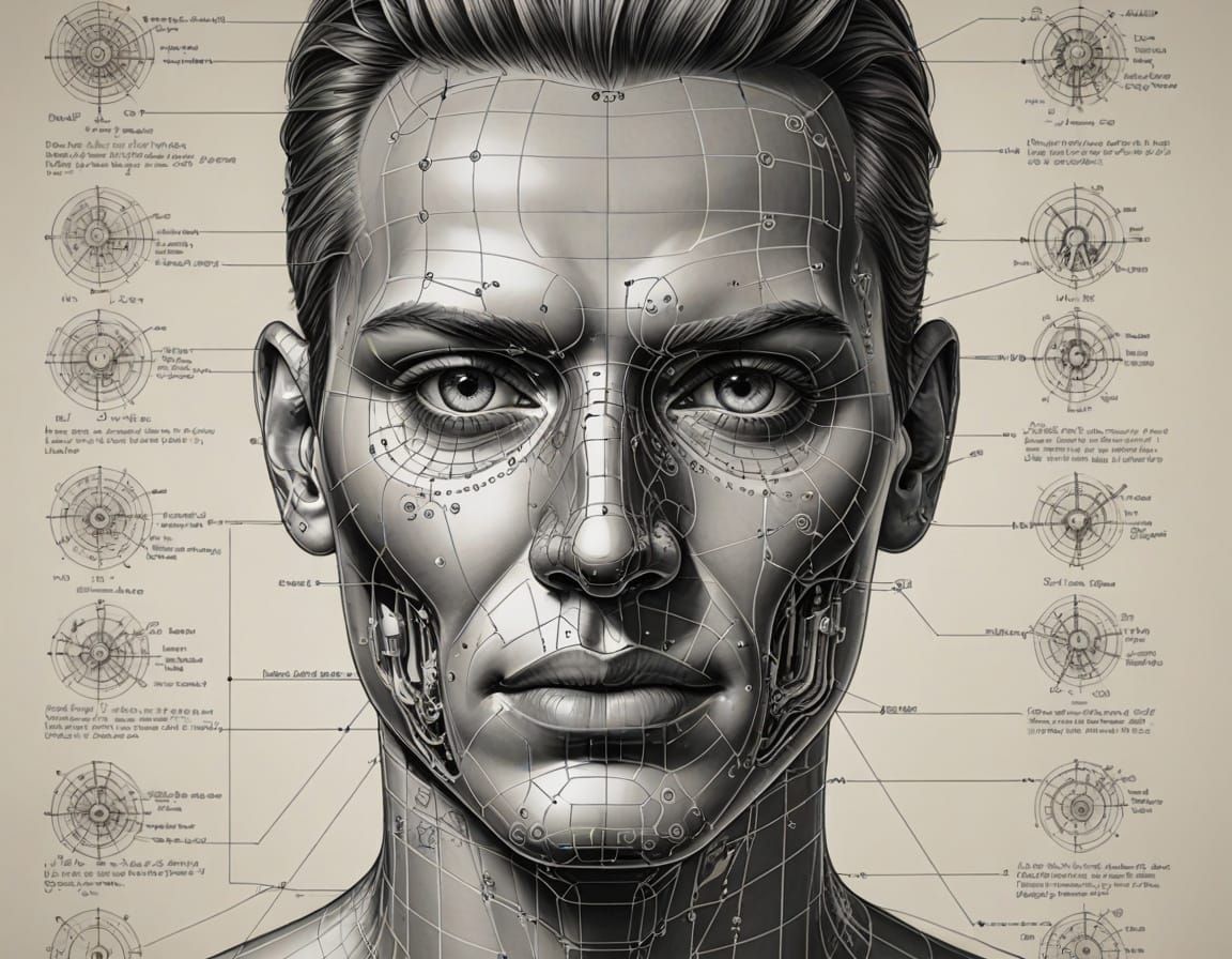 Technical Blueprint Portrait of Human Face