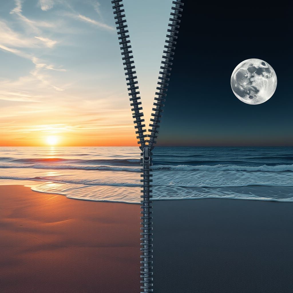 Beach Scene Divided by Zipper in Photorealistic Style