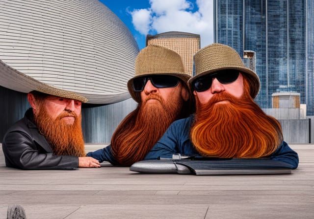 Surreal Portrait of Three Bearded Men as Magritte Painting