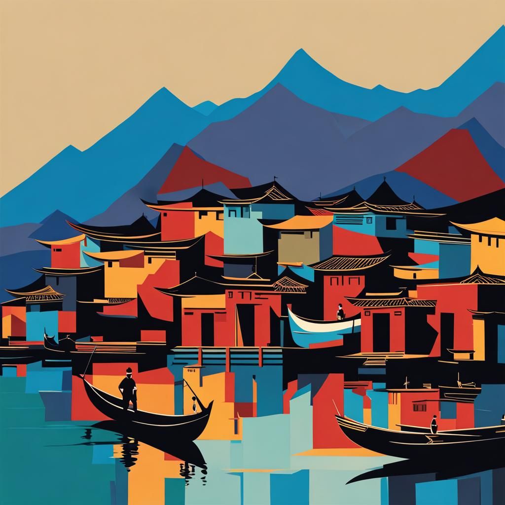 Ancient Chinese Fishing Village in Cubist Style