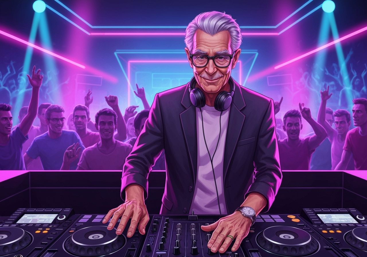 Elderly DJ Rocks Neon Party in Vibrant Pop Style