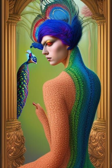 Ornate Peacock-Human Hybrid in Vogue Style