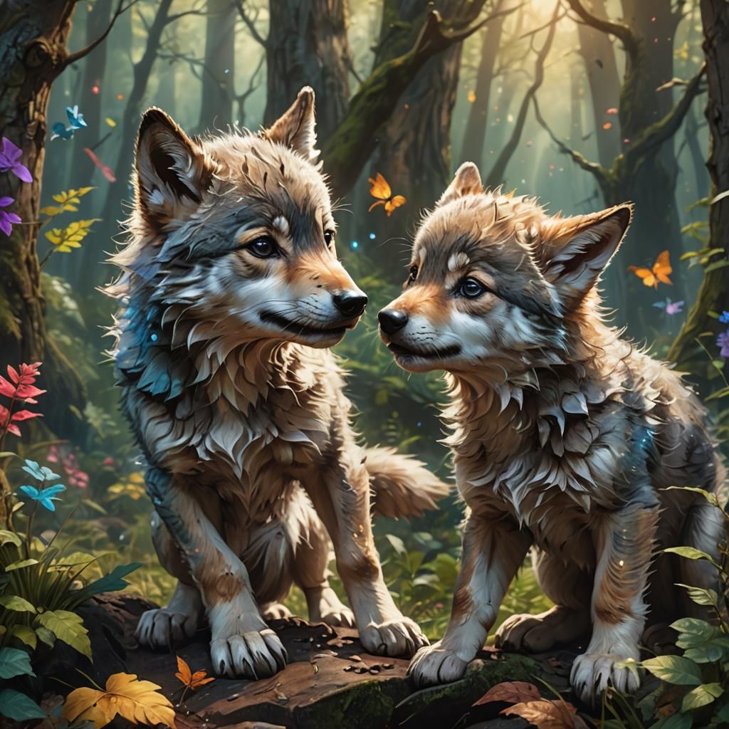 Enchanted Forest: Wolf Cubs at Play