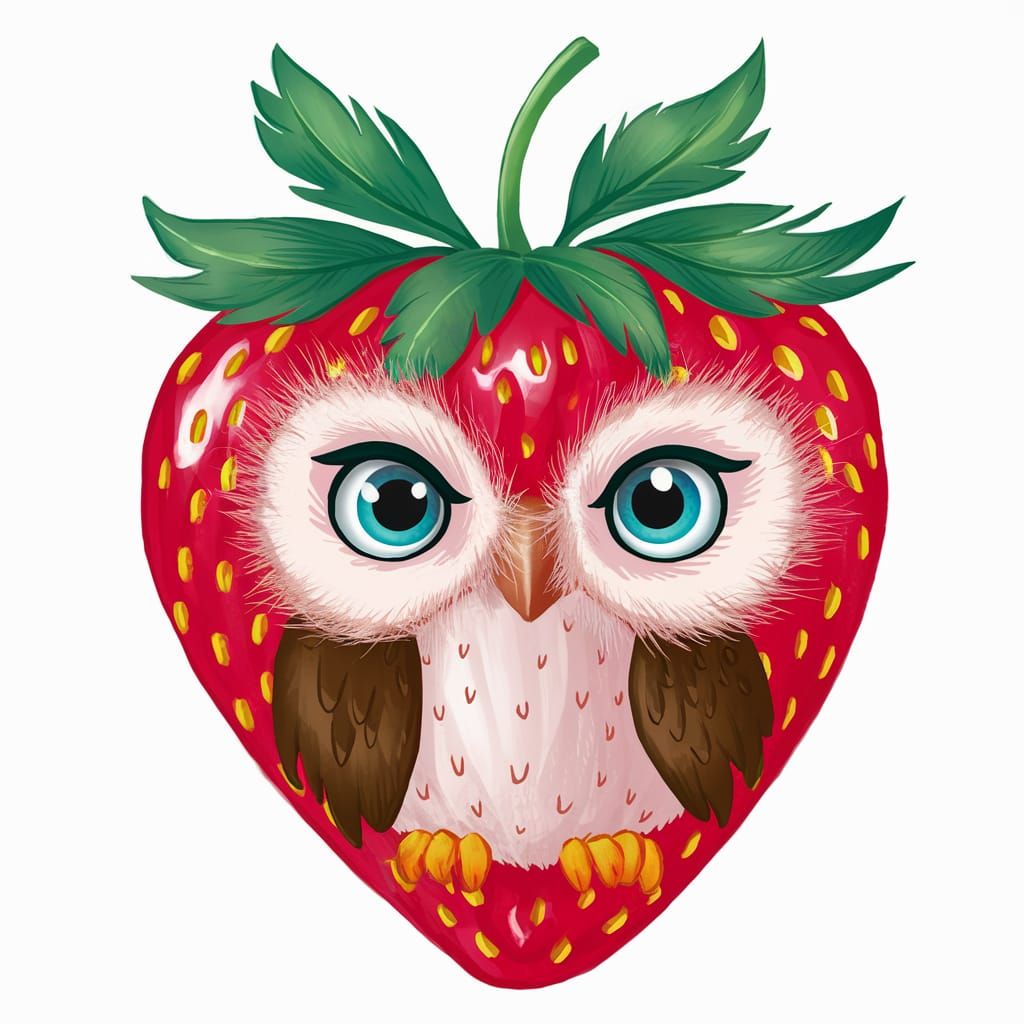 Strawberry Owl Whimsical Illustration