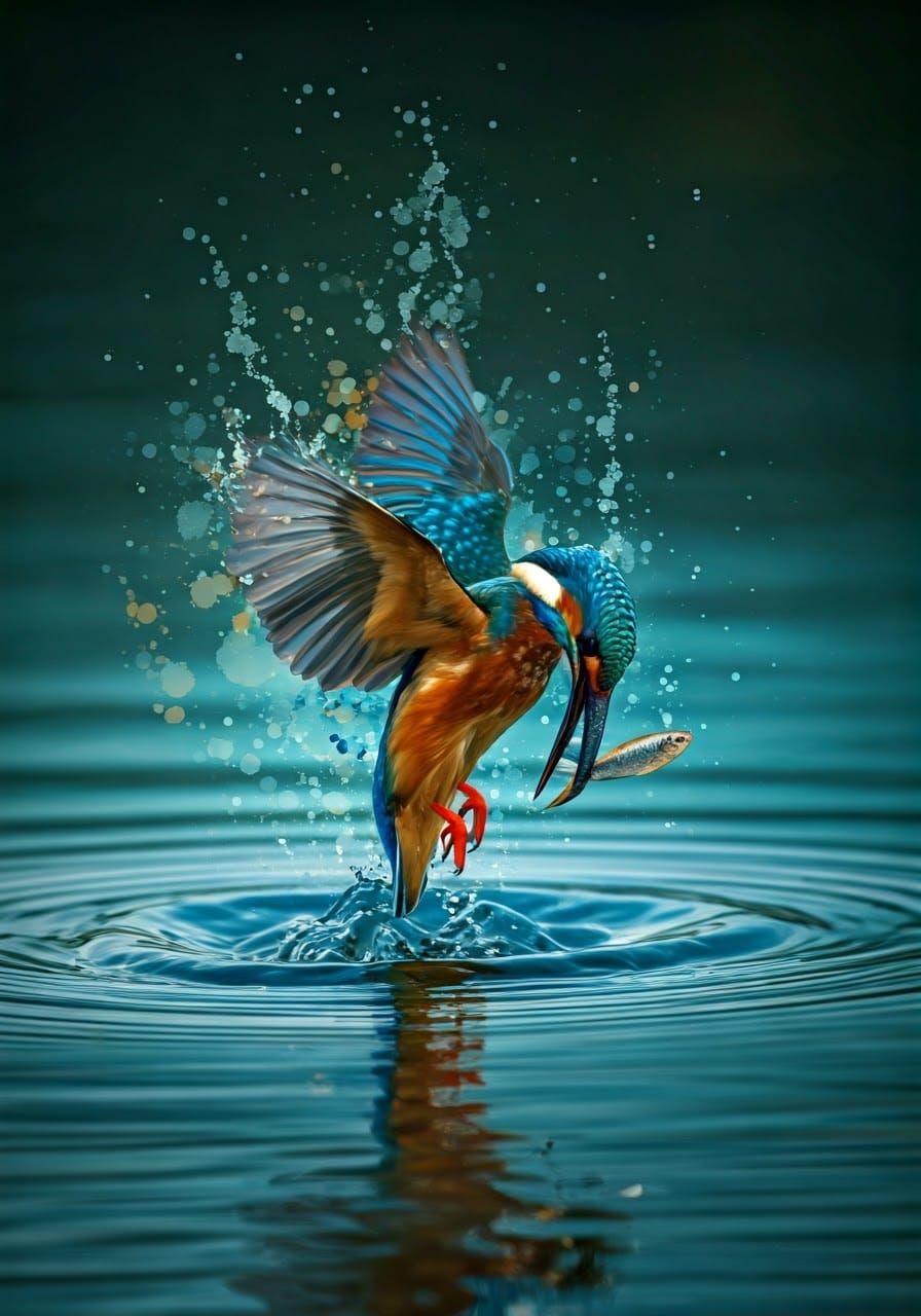 Alcohol inks, splash art,  a kingfisher diving downwards thr...
